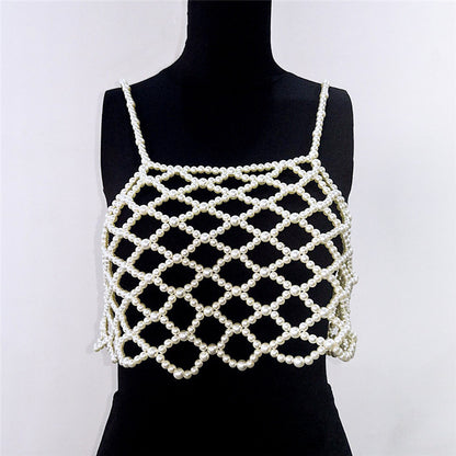 Pearl Hollowed-Out Vest Style Cropped Crop-Top (7517781426264)