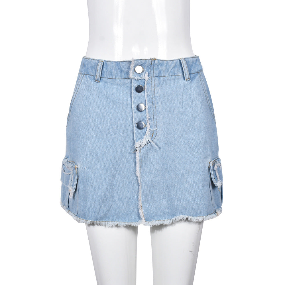 Short-Short Skirt - Pocket Side Slit Denim Skirt (7519213191256)