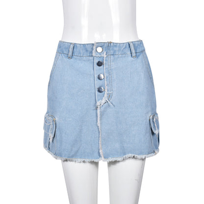 Short-Short Skirt - Pocket Side Slit Denim Skirt (7519213191256)