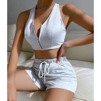 Sports Set - Casual Shorts & V-Neck Zip-Up Set (7516820602968)