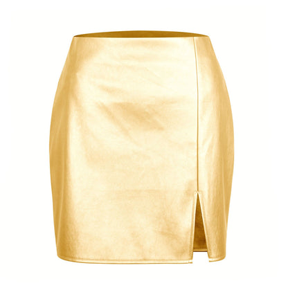 Metallic Faux-Leather Split Skirt