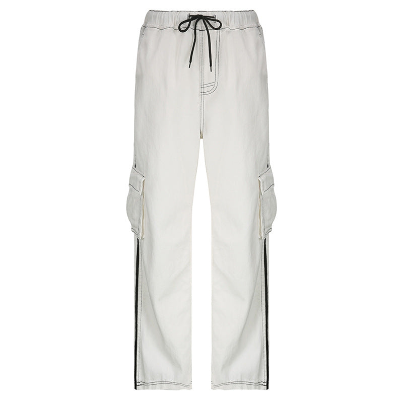 Drawstrings White/Black Ribbon-Pocket Stitching Straight Leg Pants Jeans
