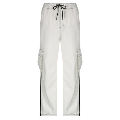 Drawstrings White/Black Ribbon-Pocket Stitching Straight Leg Pants Jeans