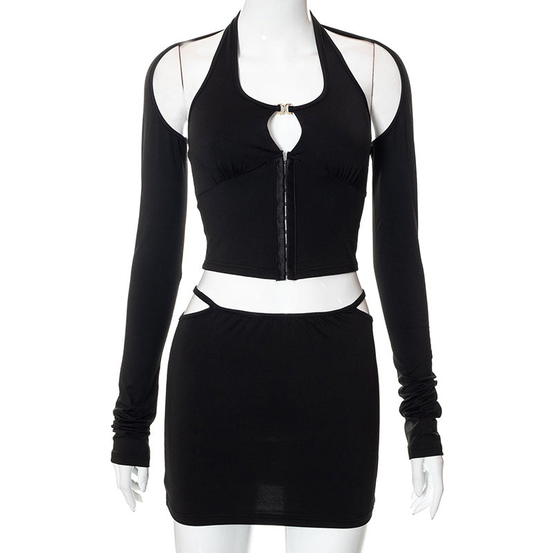 Solid Color Halter Hooks Long Sleeves Low Waist Hollow-Out Cut-Out Skirt