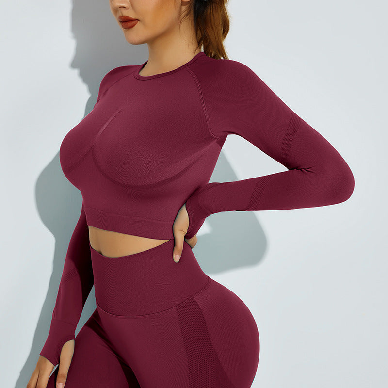 Seamless Knitted High Elastic Long Sleeves High-Waist Yoga Set