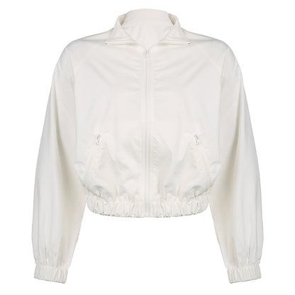 Sports Waist-Tight Turtleneck Long Sleeves Cardigan Crop-Top (7524754620504)