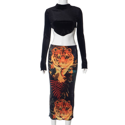 Women Clothing Winter Casual Tiger Print Cropped Long Sleeve Top Slim Fit Maxi Skirt Set (7524905025624)