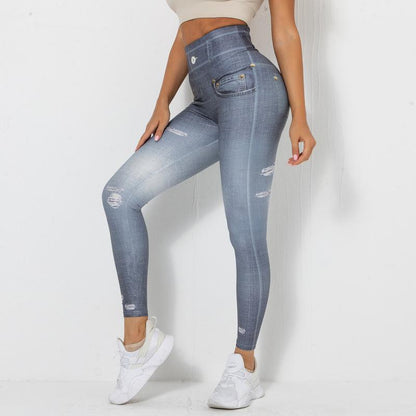 Denim Printing Elastic Yoga Pants (7524750229592)