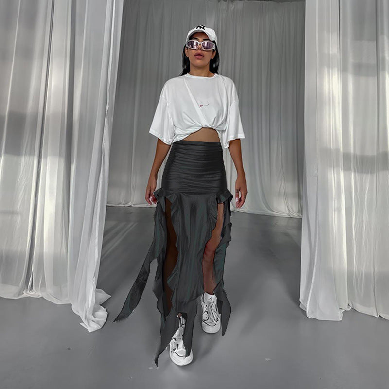 Faux-Leather Ribbon Tassel Micro Elastic Metallic Coated Fishtail Asymmetrical Skirt