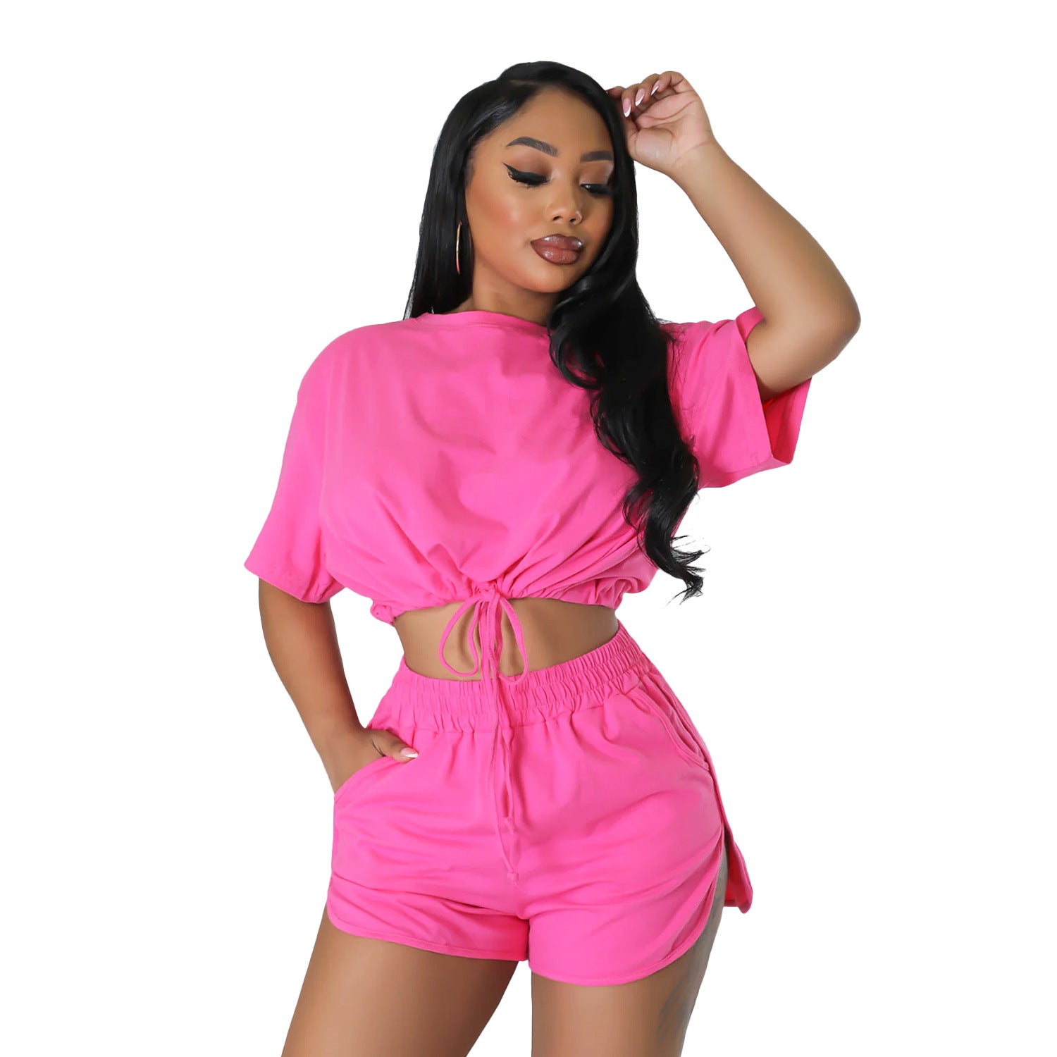 Solid Color Lace-Up Shorts & Crop-Top Two-Piece Set (7524301930584)
