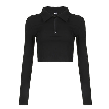 Solid Color Line Split Collared Zipper Basic Cropped Top