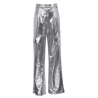 Metallic Coated High-Waist Faux Leather Pants