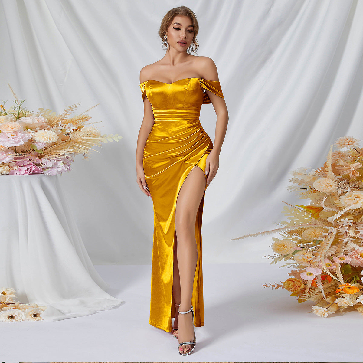Off-The-Shoulder High-Slit Maxi Dress (7516661514328)