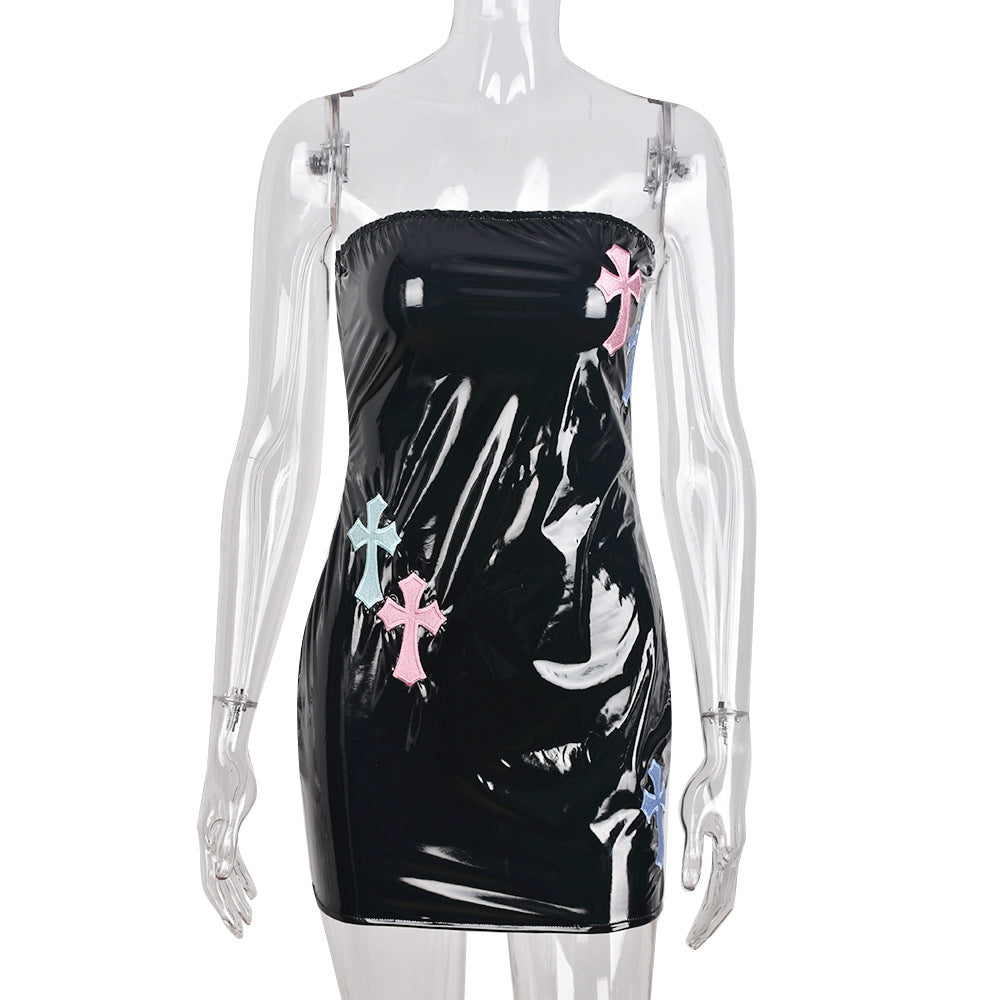 Metallic Cross Embroidery Chest-Wrapped Dress (7517615947864)