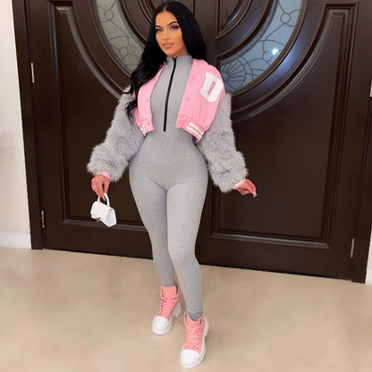 Women Clothing Casual Fur Sleeve Short Varsity Jacket (7525013389400)