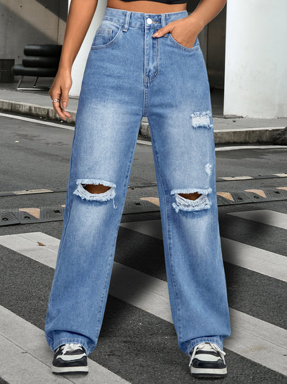Distressed High-Waist Straight Leg Denim Jeans