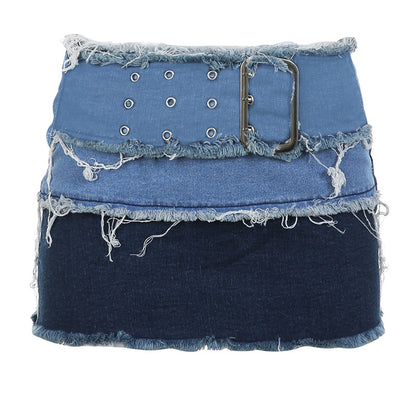 Fringe - Denim Distressed Buckle-Wrapped Cropped Tube Top & Mini Skirt Two-Piece Set (7519217090648)