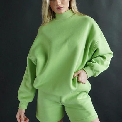 Turtleneck Long-Sleeves - Top Sports Shorts Two-Piece Set (7516838789208)