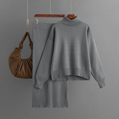 Solid Color Turtleneck Sweater & Sheath Skirt Two-Piece Set (7524297539672)