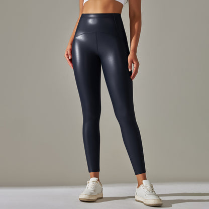 Faux Leather Pants High Elastic Sexy High Waist Solid Color Bright Black Tight Trousers Running Fitness Yoga Pants (7525024039000)