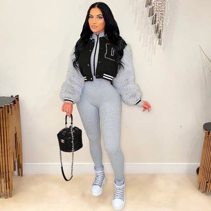 Women Clothing Casual Fur Sleeve Short Varsity Jacket (7525013389400)