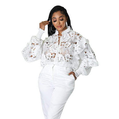 Lace A Lot - Hollow Out Cut-Out Flounce Lace-Up Cardigan Lantern Sleeves Blouse (7518653349976)