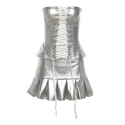 Metallic Coated Faux Leather Cropped Sheath Skirt Set