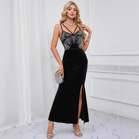 Velvet Camisole Diamond Embedded Dress