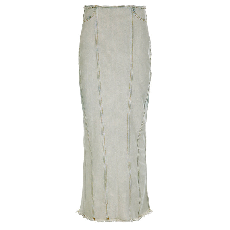 Gradient Fishtail Frayed Denim Skirt