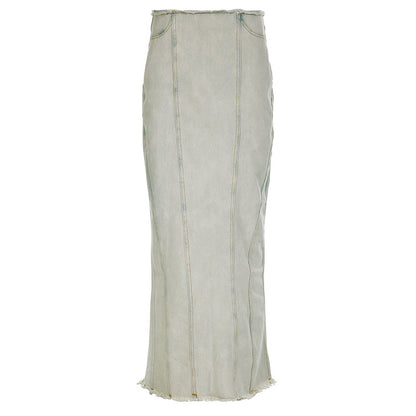 Gradient Fishtail Frayed Denim Skirt