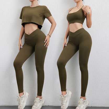 Seamless Thread - Sports Bra & Loose Short Sleeves Top With Yoga Pants Three-Piece Set (7516829548632)