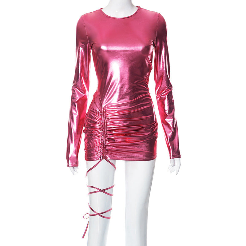Pink Metallic Long Sleeves Pleated Hip Dress (7517617487960)