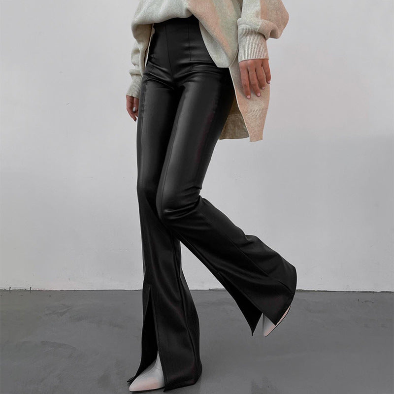 Flared Faux-Leather Stitching Slit Pants (7524749508696)