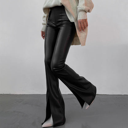 Flared Faux-Leather Stitching Slit Pants (7524749508696)