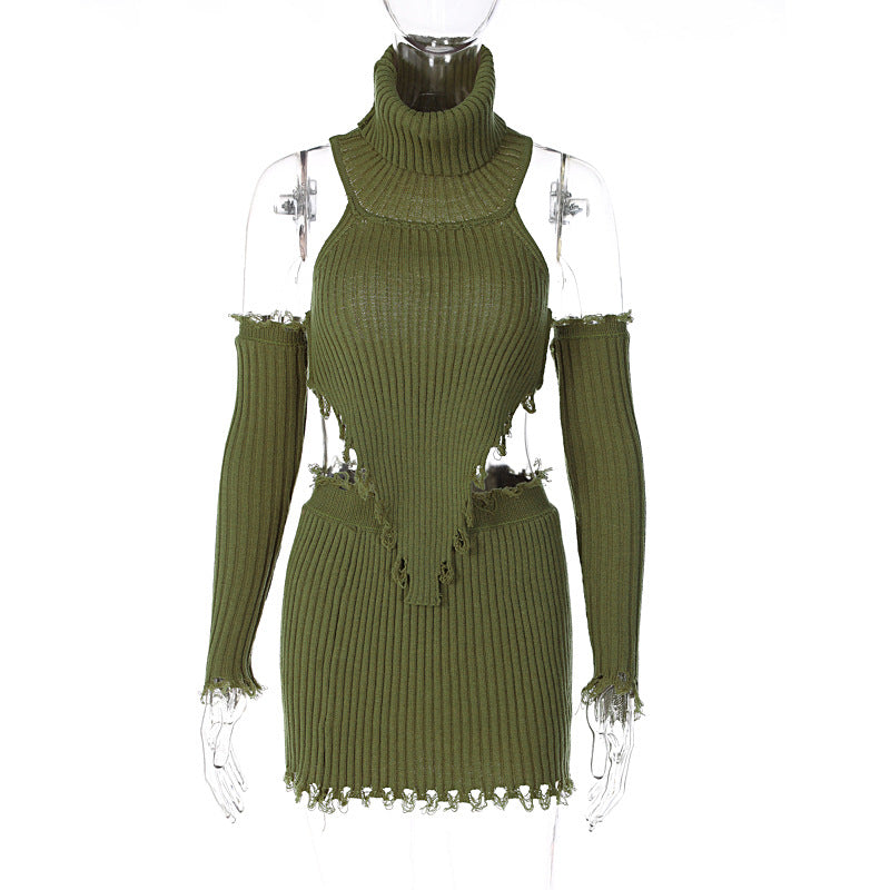 Solid Color Turtleneck Knitting Backless Sweater Hip Skirt Two-Piece Set (7524290134104)