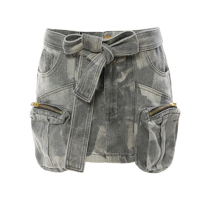 Minority Three-Dimensional Zipper Pocket Camouflage Tooling Denim Skirt