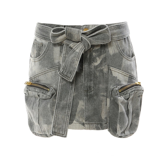 Minority Three-Dimensional Zipper Pocket Camouflage Tooling Denim Skirt