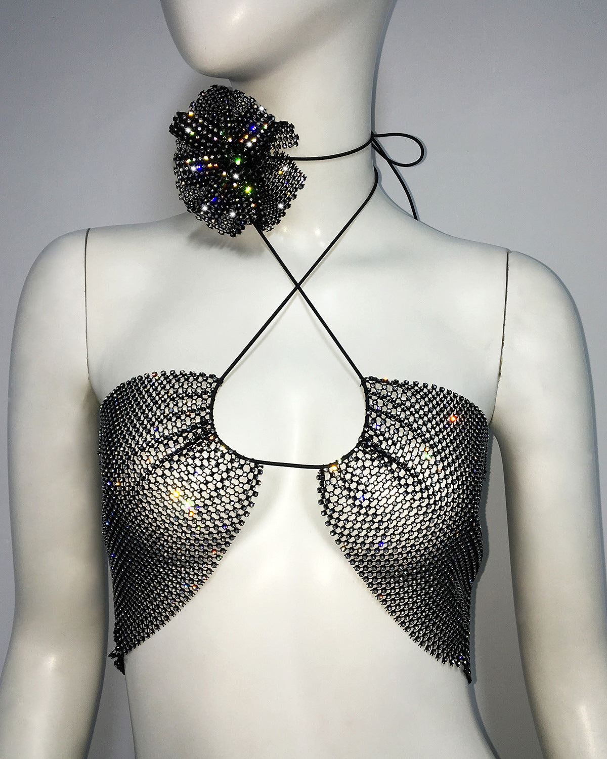 Rhinestones Fishnet Halter Spaghetti Straps Two-Piece Top