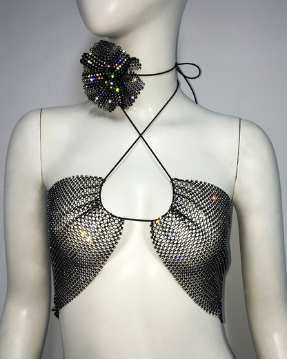 Rhinestones Fishnet Halter Spaghetti Straps Two-Piece Top