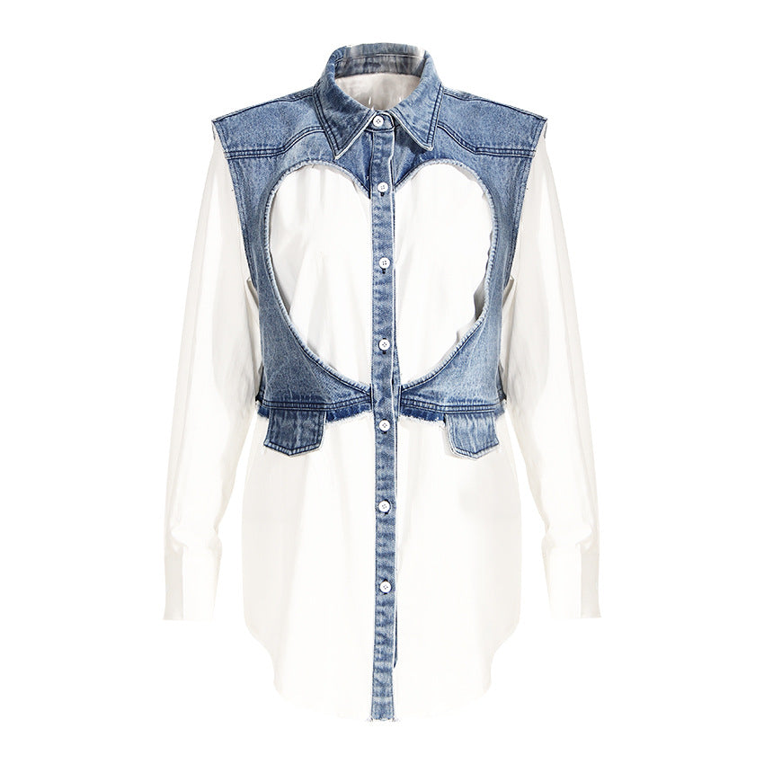 Heart-Shaped Denim - Hollow Out Cut-Out Heart-Shaped Two-Piece Denim Shirt (7519157452888)