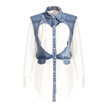 Heart-Shaped Denim - Hollow Out Cut-Out Heart-Shaped Two-Piece Denim Shirt (7519157452888)