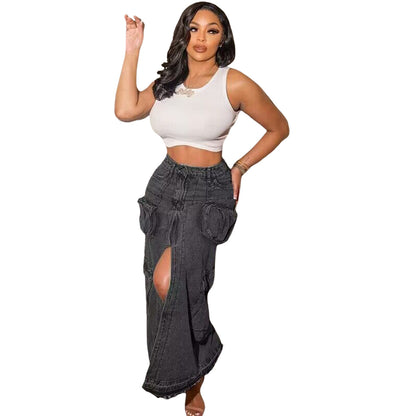 Denim Oversized Pockets Slit Stretch Skirt