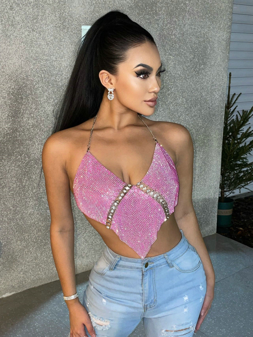 Rhinestones Diamond Hanky Chain Halter Crop-Top