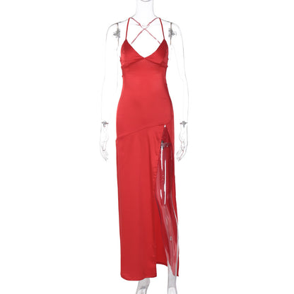 Backless V-Neck Tie-Lace Slit Dress