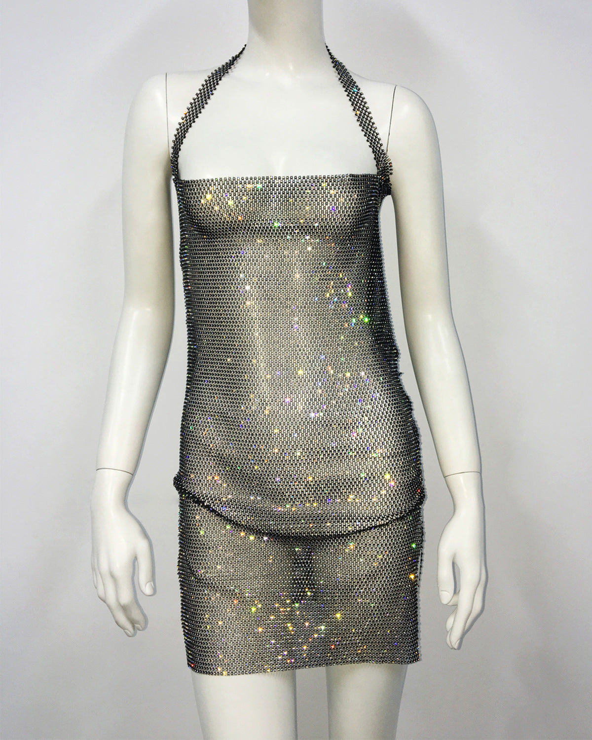 Rhinestones & Fishnet - Fishnet Rhinestone Halter Neck Slit-Tight Dress (7516659351640)
