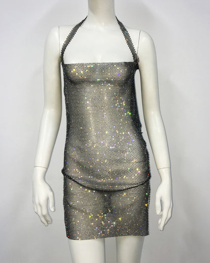 Rhinestones & Fishnet - Fishnet Rhinestone Halter Neck Slit-Tight Dress (7516659351640)
