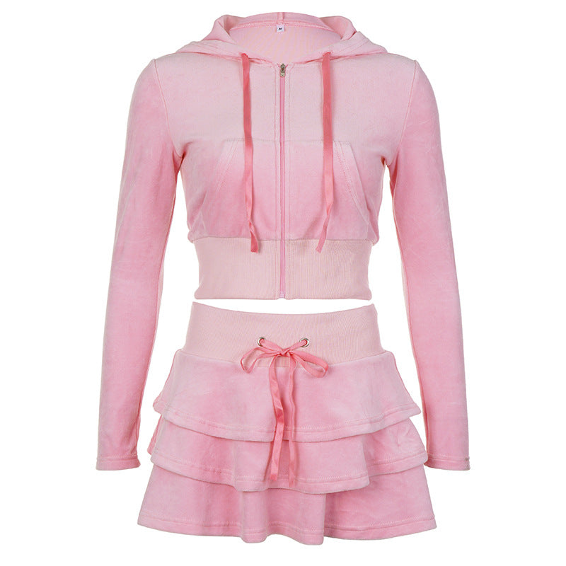 Solid Color Velvet Stitching Drawstrings Hooded Sweater & High-Waist Ruffle Skirt Two-Piece Set (7524302127192)