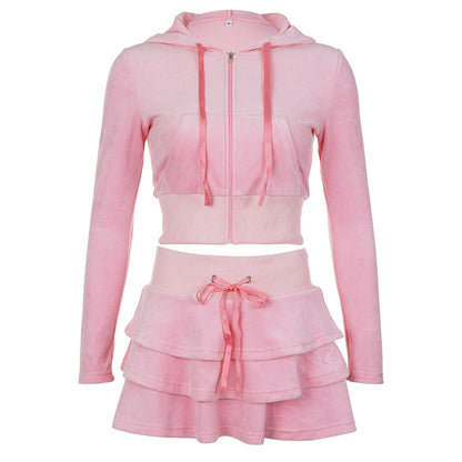 Solid Color Velvet Stitching Drawstrings Hooded Sweater & High-Waist Ruffle Skirt Two-Piece Set (7524302127192)