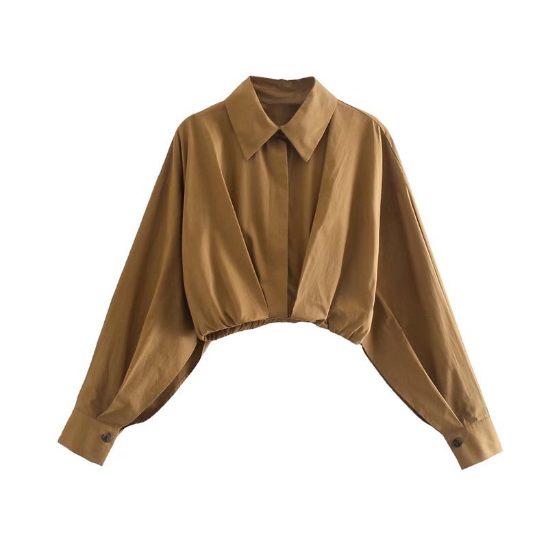 Khaki - Short-Collar Waist-Tight Blouse (7519155683416)