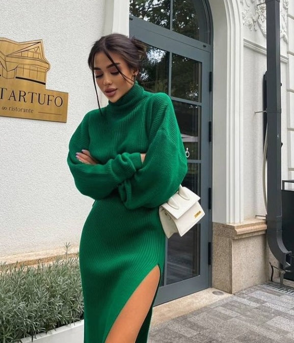 Pullover Polo-Neck Split Maxi Skirt & Top Two-Piece Set